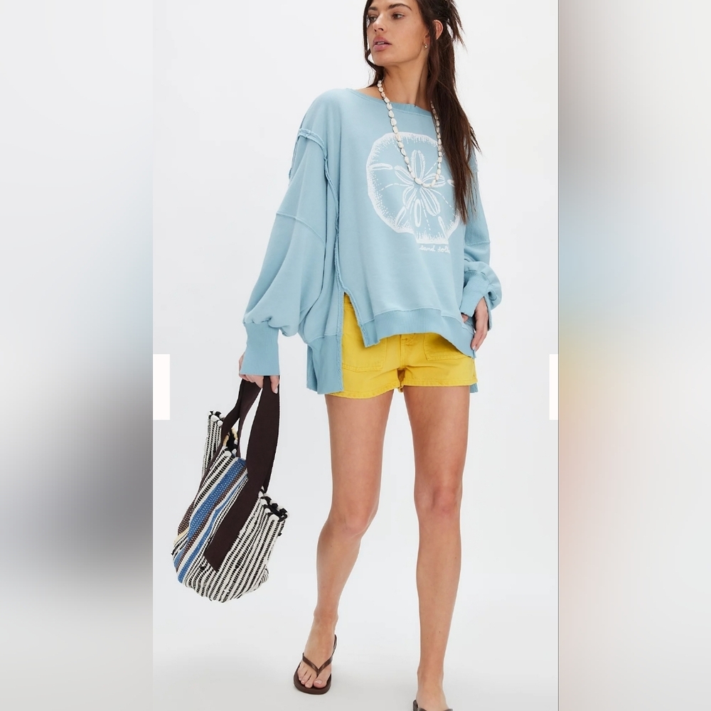 NWT Free People Camden Graphic Blue Sand Dollar Oversized Pullover Sweatshirt
